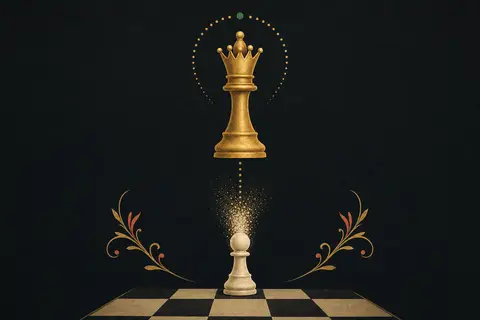 A pawn dissolving upward into a queen