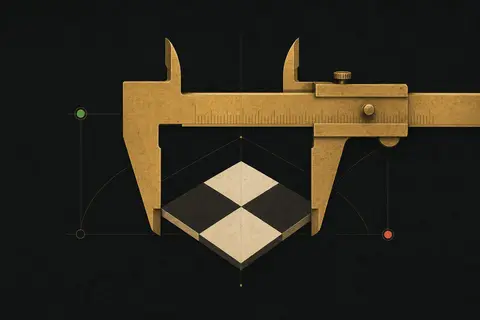 A brass caliper measuring a chessboard fragment