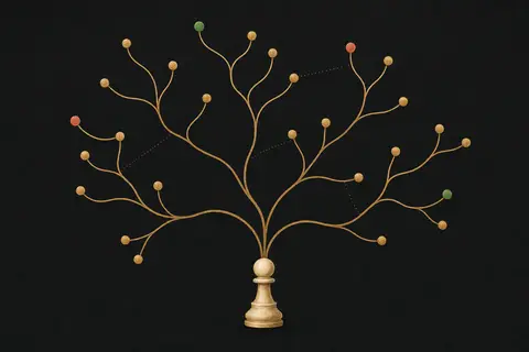 A pawn at the base of a tree of branching lines
